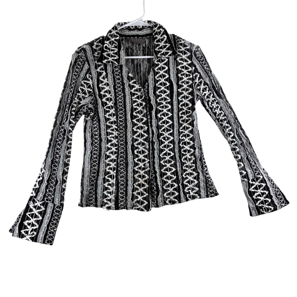 Kenar Long Sleeve Sheer Button Up Blouse Women's 8 Lolita Bell Wrist Lace Ribbon